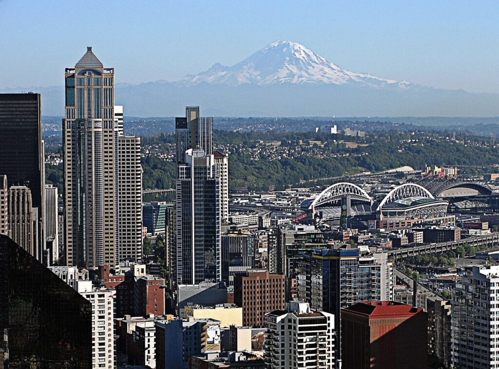 Downtown Seattle, Washington with Mt. Rainier in the background. 