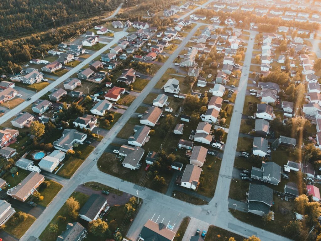 An aerial view of a suburban neighborhood. 