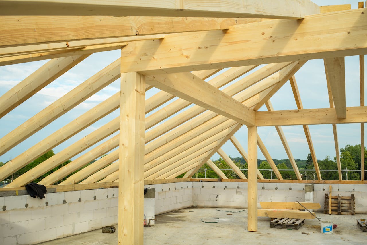 Beams of a house that's being built using an FHA construction loan.